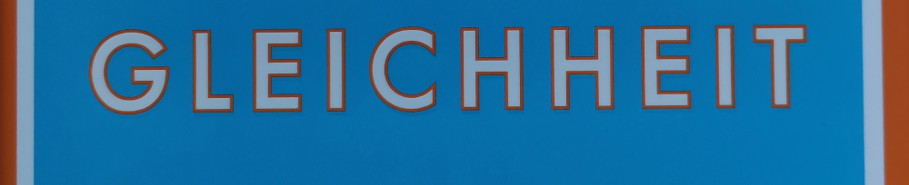 Weiß mit orangem Rahmen pro Buchstabe auf Hellblau das Wort "GLEICHHEIT". Links und rechts ein orange-weißer Rahmen. Ausschnitt aus Buchcover.
