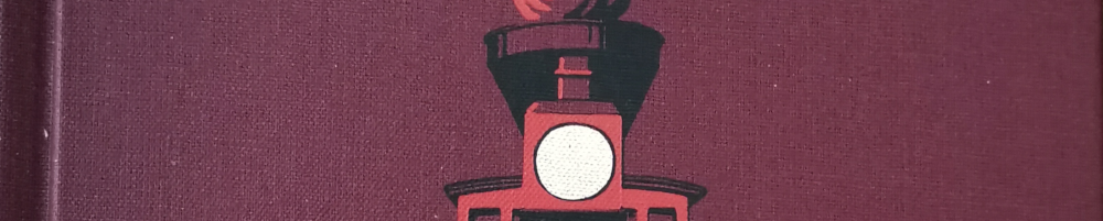 Auf bordeau-rotem Hintergrund die Zeichnung einer typischen US-amerikanischen Dampflokomotive im Ausschnitt. Man sieht den obersten Teil des Führerhauses, die typische riesige Frontlaterne und den typischen trichterförmigen Kamin. Ausschnitt aus dem Buchcover, gezeichnet von Nick Hardcastle.