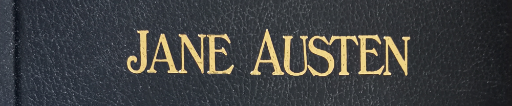 Goldener Schriftzug auf dunkelblauem Kunstleder: "JANE AUSTEN". - Ausschnitt aus dem Buchcover.