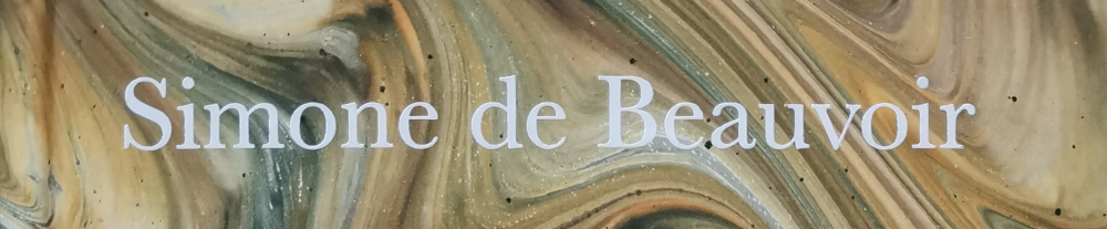 Auf einem Hintergrund von olivgrünen und -braunen Farbschlieren in weiß die Schrift "Simone de Beauvoir". - Ausschnitt aus dem Buchcover.