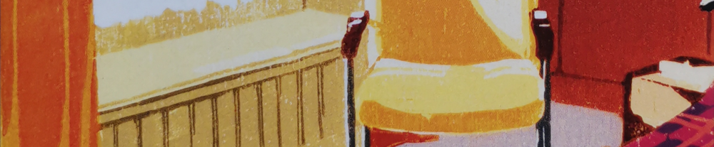 Teil eines Gemäldes, das ein Zimmer aus den 1960ern/1970ern (!) zeigt. Man sieht von links nach rechts einen Vorhang, eine Fensterbank, einen Stuhl, ein Stück der Wand, einen Nachttisch und das Bett. Alles im für die 1960er/1970er typischen Orange / Ocker / Gelb gehalten. - Ausschnitt aus dem Buchcover.
