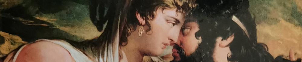 Eine Frau (links) und ein Mann mit Bart (rechts) in antikisierenden Gewändern schicken sich an zu einem Kuss. Im von mir gewählten Bildausschnitt sieht man nur die Köpfe. Detail aus dem Gemälde "Jupiter and Juno on Mount Ida" (1804/05) von James Barry (1741-1806); das Gemälde wurde als Titelbild meiner Ausgabe verwendet.