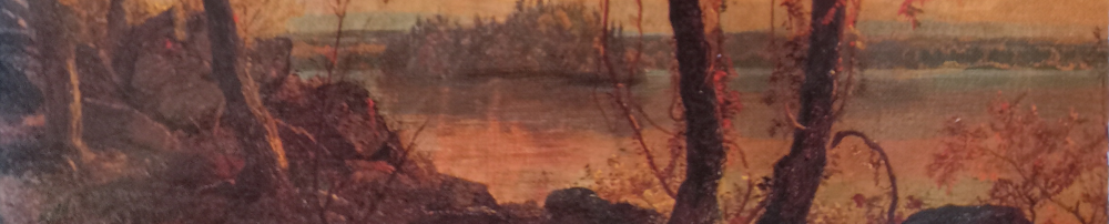 Felsige Uferlandschaft mit Blick auf einen See mit einer Insel. Rot gefärbte Wolken spiegeln sich im See. (Ausschnitt aus dem Gemälde "Sunset at Greenwood Lake" von Jasper Francis Cropsey, 1823-1900; das Gemälde wurde als Titelbild meiner Ausgabe verwendet.)