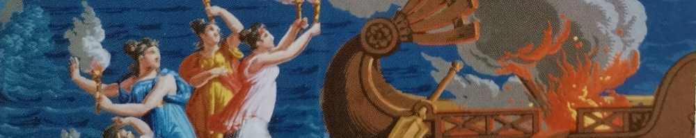 Frauen in antikisierenden griechischen Gewändern mit Fackeln in den Händen auf der linken Seite haben offenbar ein antikes griechisches Schiff angezündet, das die rechte Bildhälfte einnimmt. Im Hintergrund das blaue Meer. Ausschnitt aus einer als Titelbild verwendeten Illustration des "Télémaque" von 1825.