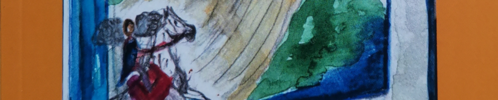 Aquarell: Montaigne reitet auf einem Schimmel in Lucca ein. Ausschnitt aus einer Illustration von Sandra Colla, die als Titelbild verwendet wurde.