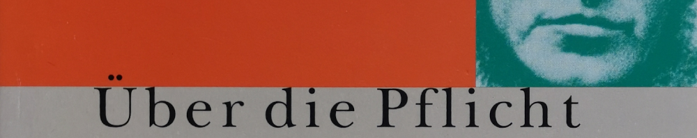 Etwa zwei Drittel der Höhe und drei Viertel der Breite nimmt oben links ein orange-farbenes Rechteck ein. Das restliche Viertel zeigt einen Ausschnitt aus einer in Grüntöne umgefärbten Schwarz-Weiß-Portrait-Fotografie von Thoreau. Wir sehen nur Mund, Kinn und Bart. Das untere Drittel des Bildes ist zur Gänze grau. Darin kann man einen Teil des Titels des Buchs lesen: "Über die Pflicht". - Ausschnitt aus dem Buchcover.