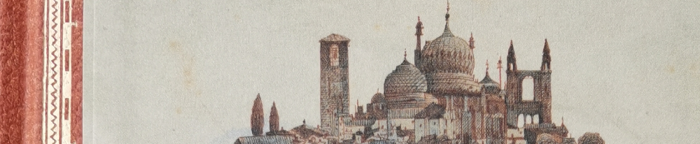 Links der rot-braune Rand des Lederrückens. Dann, auf hellem Hintergrund, verschiedene Gebäude einer fiktiven mittelalterlichen, italienischen Stadt. Ausschnitt aus dem Coverbild von Dave McCean.