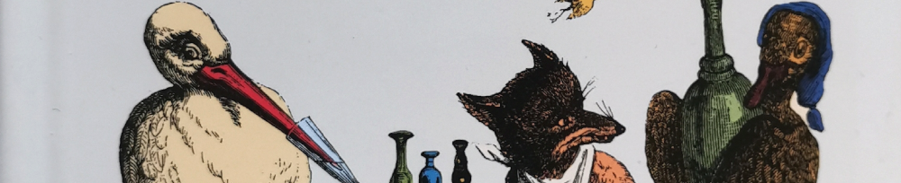 Auf weißem Hintergrund gezeichnet ein Storch, ein Fuchs und eine Gans bei einem Trinkgelage an einem Tisch. Auf dem gewählten Ausschnitt aus dem Buchcover sieht man nur die Köpfe der Tiere und die Hälse von drei Flaschen, die Gans trägt eine riesige vierte.