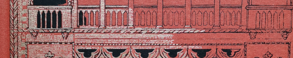 Südseite des Markusdoms im Regen. Zeichnung von John Ruskin. Zu sehen sind eine Balustrade und einigie Stützpfeiler. - Ausschnitt aus dem Buchcover.