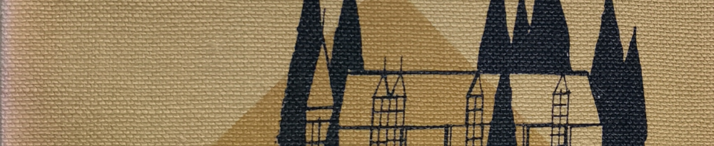 Zeichnung schwarz auf hell- und dunkelgelbem Hintergrund: Umgeben von den schwarzen Schatten der Tannen steht ein Haus (Sanatorium). Im gewählten Bildausschnitt aus dem Buchdeckel sieht man das Dach und einige Fenstergiebel.