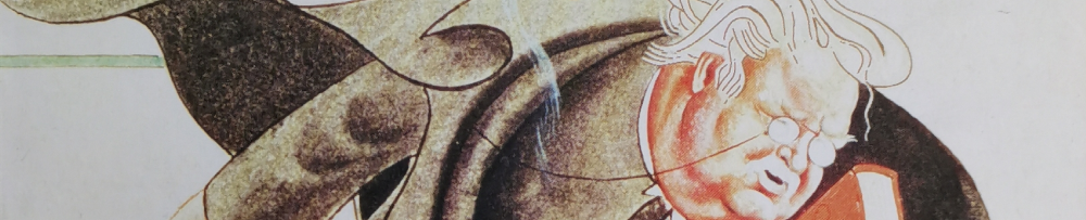 Karikatur von G. K. Chesterton: Oberkörper eines dicken Mannes in dunkelbraunem Überzieher, Doppelkinn, Zwicker auf der Nase, weißes wirres Haar, der auf dem Buchrücken eines orangefarbenen Buchs gerade den Titel zu entziffern versucht. - Ausschnitt aus dem Buchcover.
