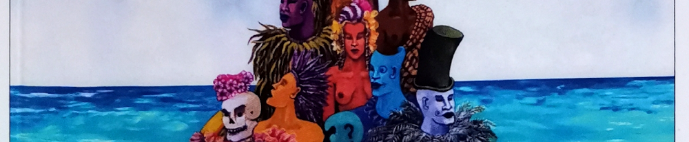 In einem Boot, das wir im gewählten Ausschnitt nicht sehen, sitzen verschiedene seltsame Gestalten. Wir können von links ein Skelett erkennen, einen Mann mit Federschmuck auf dem Kopf, einen Mann mit blauer Haut und einem Fragezeichen als Ohr, eine blaue Gestalt mit offener Hirnschale und eine gespenstisch blau-weiße Gestalt mit Schnauzbart und Zylinderhut auf dem Kopf in der ersten Reihe, eine violette Frau mit Blätterschmuck um den Hals, eine rote Frau mit Kopfschmuck aus Muscheln, aber ansonsten nackt und eine denkelbraune Frau mit einem übergworfenen Kleid in der zweiten Reihe. Es handelt sich um einen Ausschnitt aus dem Gemälde "Milocan, la Traversée" von Edourd Duval-Carrié von 1996, das für den vorderen Buchdeckel verwendet wurde.