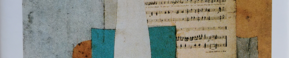 Zwischen einem weißen Rahmen links und rechts, vor einem grauen Hintergrund links, einem braunen rechts, in Grün der verfremdete Körper einer Geige (nur der obere Teil, mit dem Ansatz des Halses in weiß) vor einem Notenblatt. - Ausschnitt aus dem fürs Buchcover verwendeten Gemälde "Violine und Notenblatt" von Pablo Picasso (1912).