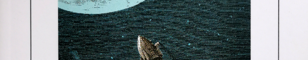 In einem dicken weißen, durch einen dünnen schwarzen Strich unterbrochenem Rahmen die blau kolorierte Zeichnung einer Rakete (Stahlstich?) in Form eines Geschoßes, die unten von der Mitte nach schräg links oben fliegt, in Richtung des Mondes, von dem man im Ausschnitt ein ganz kleines helles Segment sieht. Der Hintergrund, dunkelblau-schwarz mit hellen Punkten stellt das Weltall dar. Ausschnitt aus einer für das Buchcover verwendeten Originalillustration der französischen Erstausgabe.