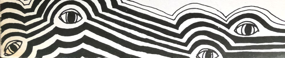 Schwarz-weiß-Zeichnung: In einer wellenformigen Sstruktur mit schwarzen und weißen Streifen, die ein wenig an einen Hügelzug erinnert, blicken uns aus kleinen Erhöhungen menschliche Augen an. Der linke Teil des Bilds zeigt starke Vergilbungen, weil das Buch eine Zeitlang zu sehr der Sohnne ausgesetzt war. - Ausschnitt aus dem Buchcover.