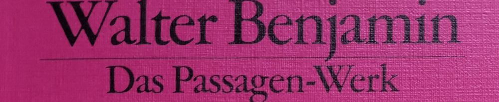 In schwarzer Schrift, eingemittet auf lila Hintergrund, auf zwei Zeilen verteilt, die von einem Strich getrennt sind, kann man lesen: "Walter Benjamin // Das Passagen-Werk". - Ausschnitt aus dem Buchcover.