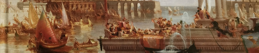 Ausschnitt aus dem Ölgemälde "Consummation" aus der Reihe "The Course of the Empire" von Thomas Cole, 1836. Es zeigt einen belebten antiken Hafen, wie man ihn sich zu Coles Zeit vorstellte: Gebäude mit Säulengängen, antike Segelschiffe (die aussehen wie ägyptische Dschunken) und viele Leute in Togen auf den Boten und am Pier.