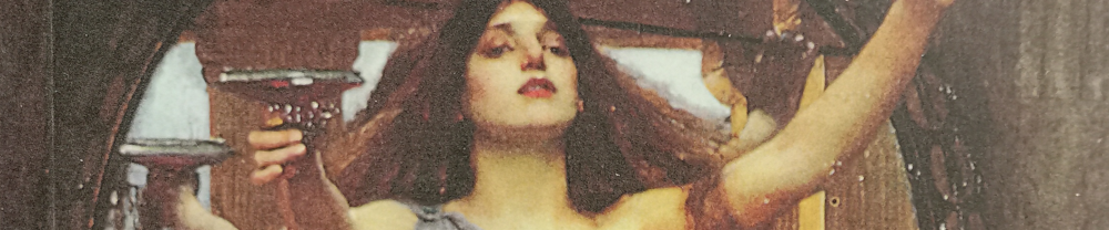 Gemälde einer verführerischen Frau mit langen Haaren, die in der Rechten einen Trinkpokal hält und den linken Arm erhoben hat, wie um zum Trinken aufzufordern. Ausschnitt aus dem Buchcover, für den das Gemälde „Circe Offering the Cup to Ulysses“ des Präraffaeliten Johnn William Waterhouse von 1891 verwendet wurde. Es befindet sich aktuell in der Gallery Oldham in England.
